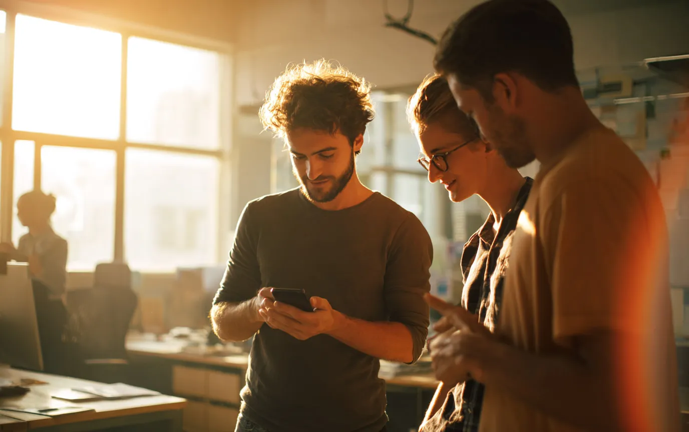 Un equipo probando el prototipo de una aplicación móvil en un teléfono